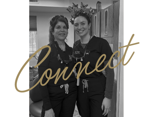 Smiling Woodside dental team members with the word connect written in cursive over photo